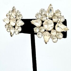 Vintage Silver Tone Clear Rhinestone Starburst Cluster Clip On Earrings 28mm
